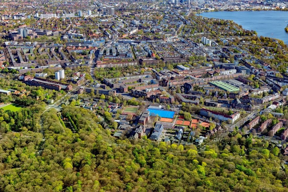 Aerial image Hamburg - Ensemble of sports grounds along the Barmbeker Strasse in the district Winterhude in Hamburg, Germany
