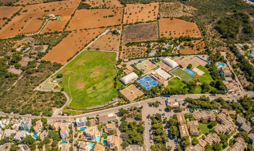 Cala Serena from above - Ensemble of sports grounds and the Robinson Club golf course of the Robinson Club in Cala Serena in Balearic island of Mallorca, Spain