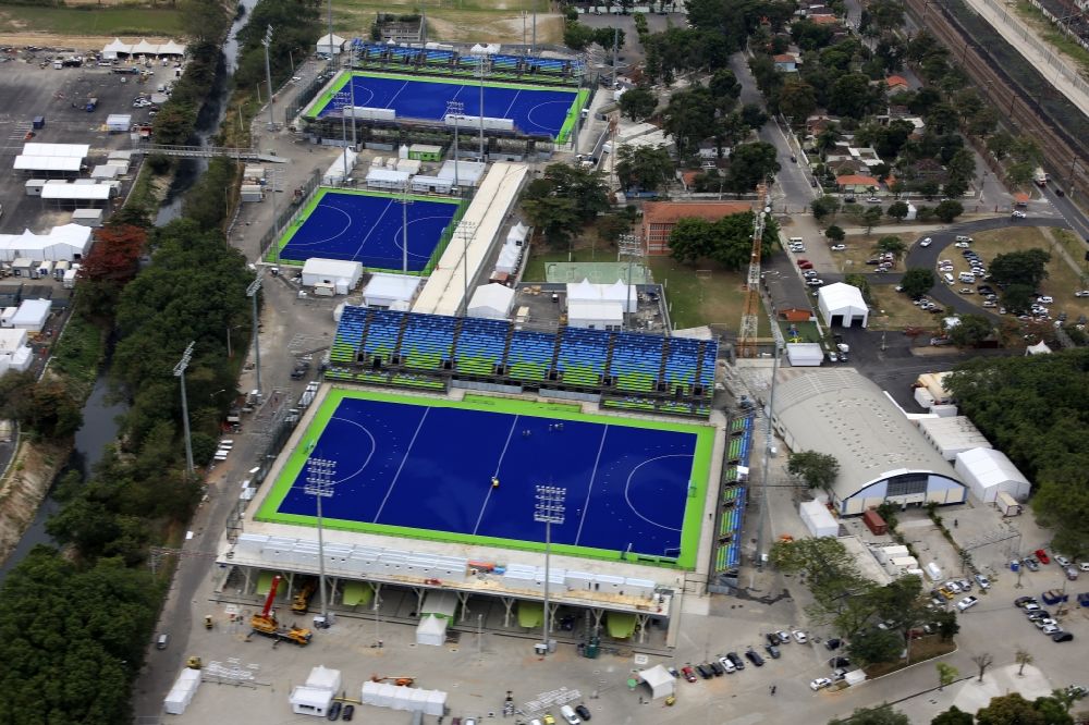 Rio de Janeiro from the bird's eye view: Ensemble of the sports grounds of the hockey pitch before the Summer Games of the Games of the XXXI. Olympics in Rio de Janeiro in Rio de Janeiro, Brazil