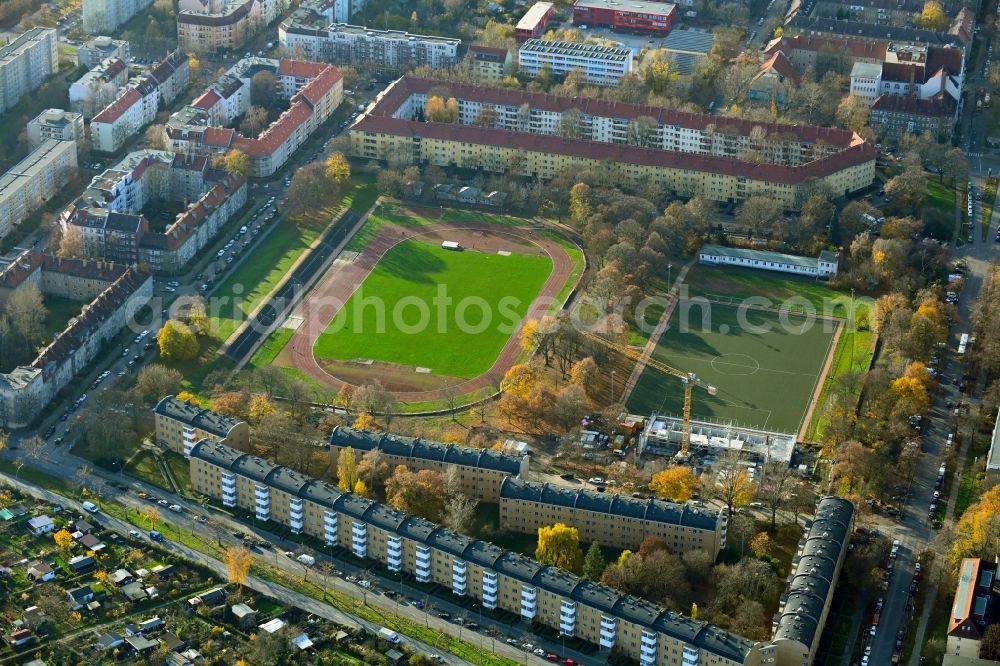 Berlin from the bird's eye view: Construction site on Ensemble of sports grounds Kissingen-Stadion in the district Pankow in Berlin, Germany