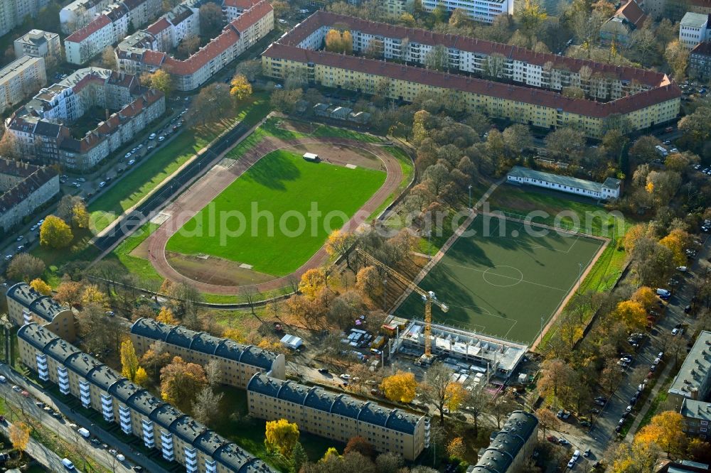 Aerial image Berlin - Construction site on Ensemble of sports grounds Kissingen-Stadion in the district Pankow in Berlin, Germany