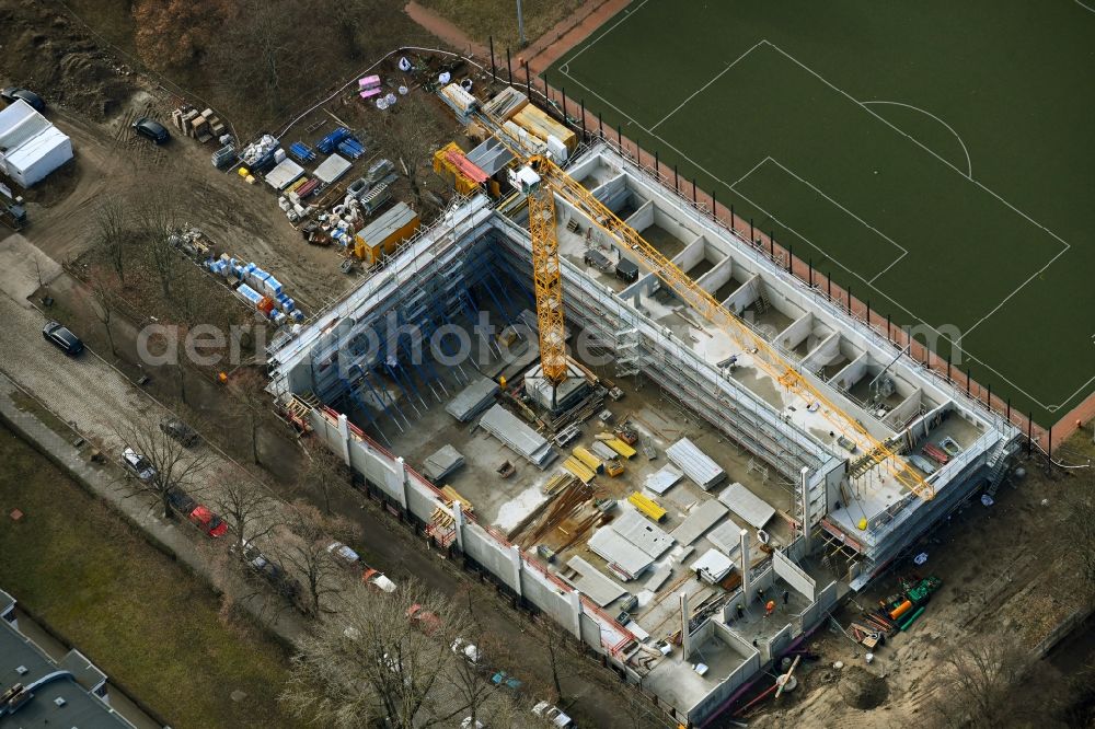 Berlin from above - Construction site on Ensemble of sports grounds Kissingen-Stadion in the district Pankow in Berlin, Germany