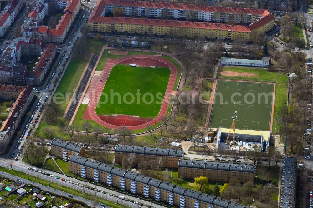Berlin from the bird's eye view: Construction site on Ensemble of sports grounds Kissingen-Stadion in the district Pankow in Berlin, Germany