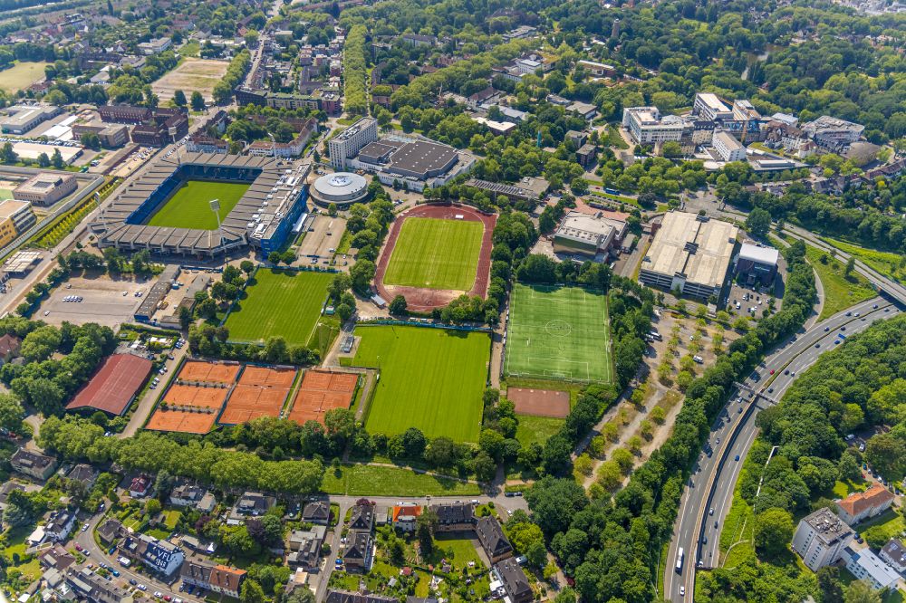 Bochum from the bird's eye view: ensemble of sports grounds of the artificial turf pitch at the Ruhrstadion in the district Grumme in Bochum in the state North Rhine-Westphalia, Germany