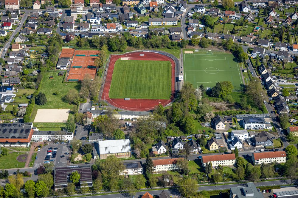 Bergkamen from above - Ensemble of sports grounds on Nordberg-Stadion on street Am Stadion in Bergkamen at Ruhrgebiet in the state North Rhine-Westphalia, Germany