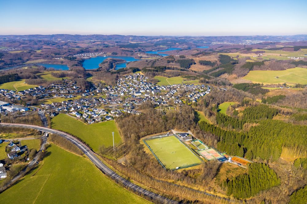 Olpe from above - Ensemble of sports grounds on street Am Kreuzberg in the district Rhode in Olpe at Sauerland in the state North Rhine-Westphalia, Germany