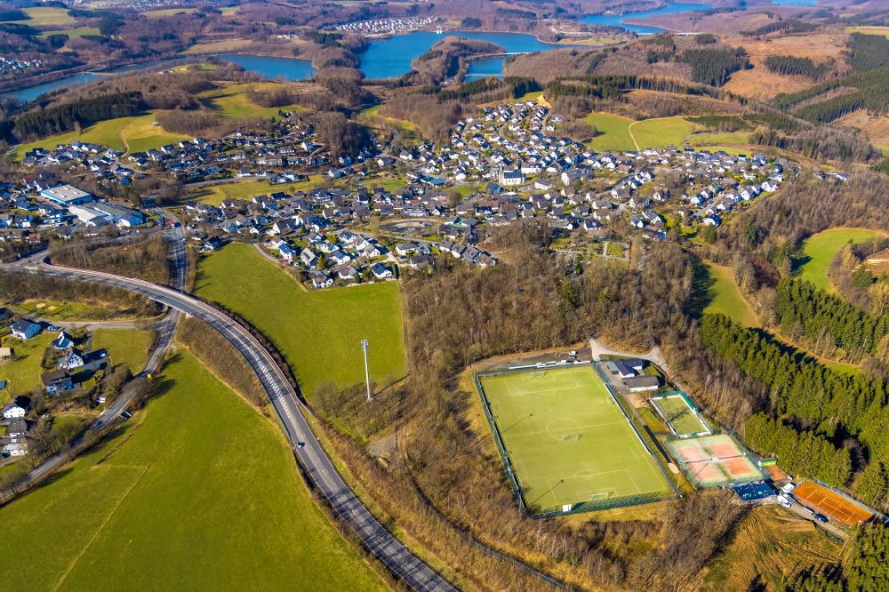 Olpe from the bird's eye view: Ensemble of sports grounds on street Am Kreuzberg in the district Rhode in Olpe at Sauerland in the state North Rhine-Westphalia, Germany