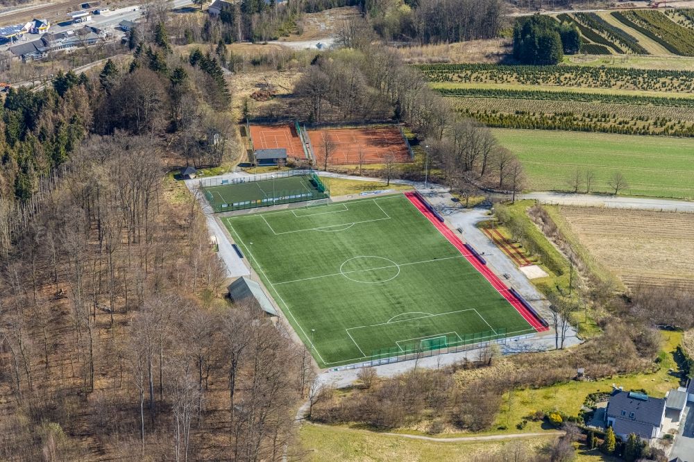 Ostwig from the bird's eye view: Ensemble of sports grounds in Ostwig at Sauerland in the state North Rhine-Westphalia, Germany