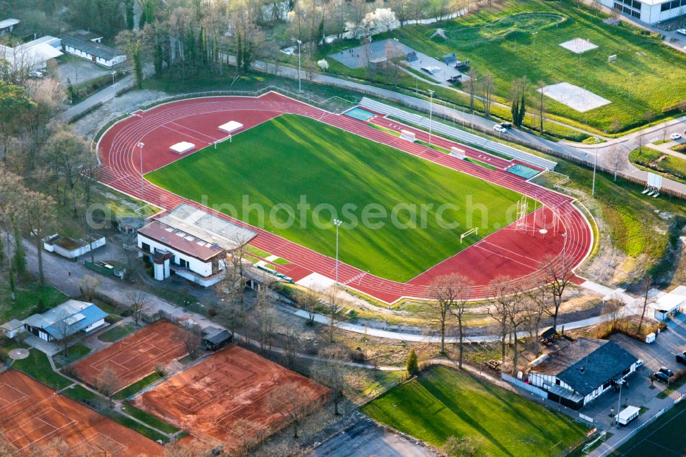 Aerial image Kandel - Ensemble of renovated sports grounds Bienwaldstadion and Tennisclub on street Jahnstrasse in Kandel in the state Rhineland-Palatinate