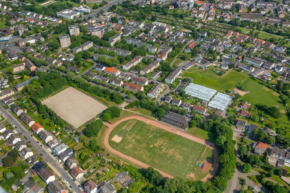 Aerial image Hagen - Ensemble of sports grounds of Sauerland Mustangs on Kapellenstrasse in Hagen in the state North Rhine-Westphalia, Germany