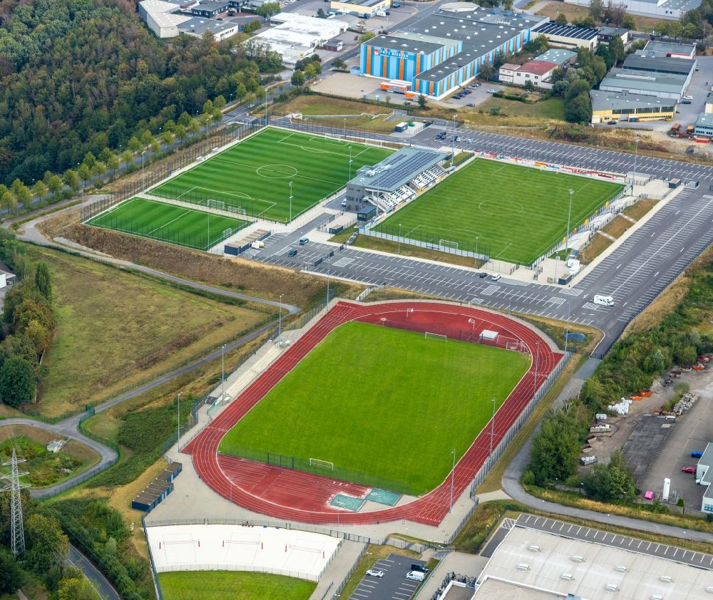 Velbert from the bird's eye view: Ensemble of sports fields and sports hall at the EMKA Sports Center Velbert in Velbert in the state of North Rhine-Westphalia, Germany