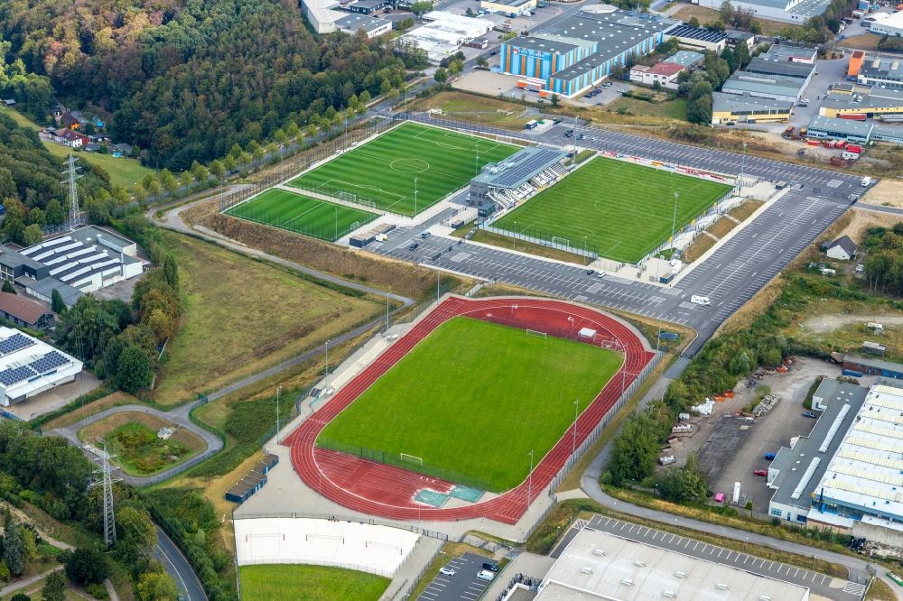 Aerial image Velbert - Ensemble of sports fields and sports hall at the EMKA Sports Center Velbert in Velbert in the state of North Rhine-Westphalia, Germany