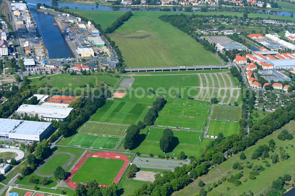 Dresden from above - Ensemble of sports grounds Sportpark Ostra in the district Friedrichstadt in Dresden in the state Saxony, Germany