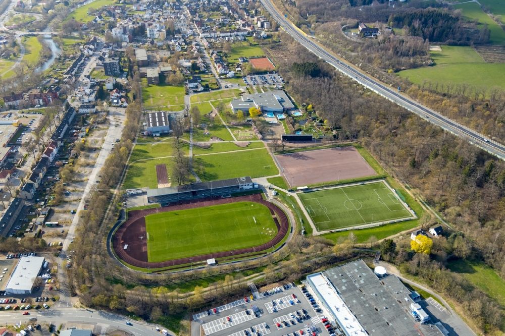 Arnsberg from above - Ensemble of sports grounds Sportzentrum Grosse Wiese in Arnsberg in the state North Rhine-Westphalia, Germany