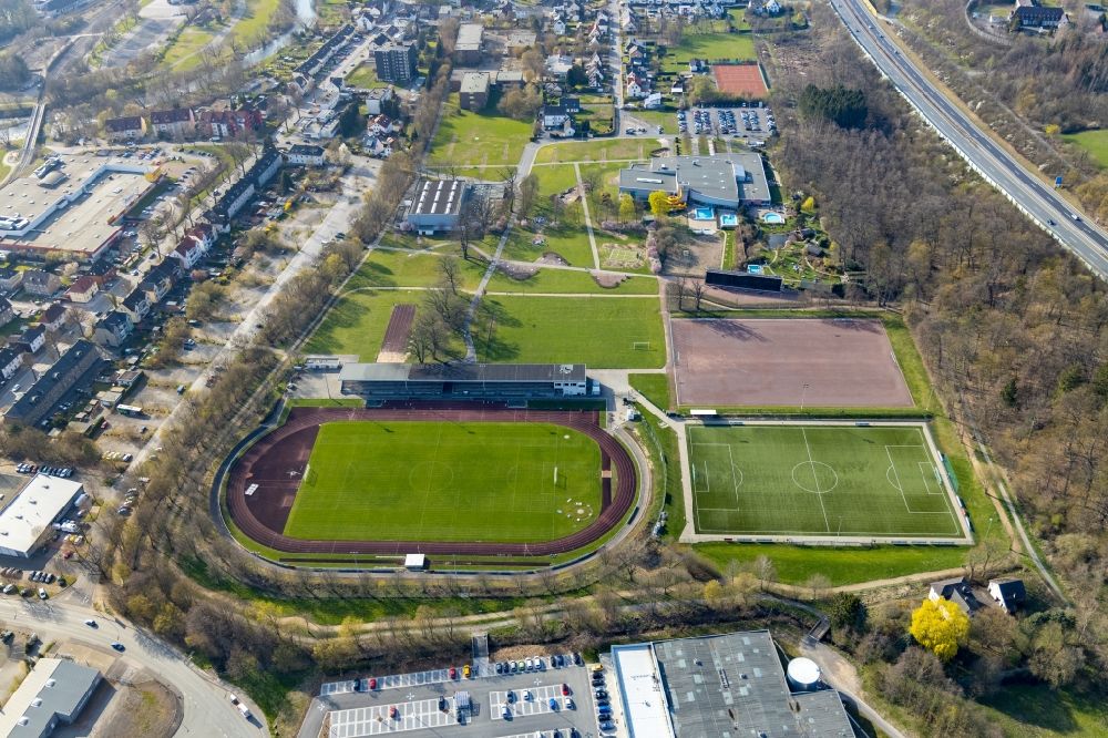 Arnsberg from above - Ensemble of sports grounds Sportzentrum Grosse Wiese in Arnsberg in the state North Rhine-Westphalia, Germany