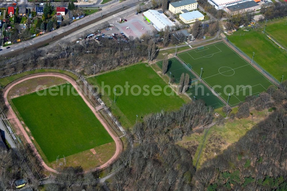 Berlin from above - Ensemble of sports grounds Stadion Buschallee on street Hansastrasse in the district Weissensee in Berlin, Germany