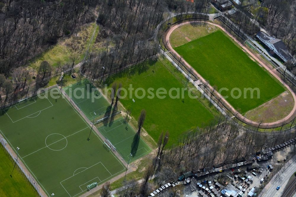Aerial image Berlin - Ensemble of sports grounds Stadion Buschallee on street Hansastrasse in the district Weissensee in Berlin, Germany