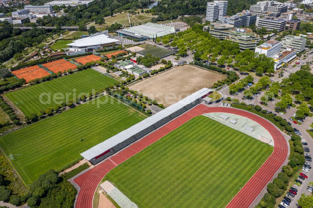 Karlsruhe from above - Ensemble of sports grounds Carl-Kaufmann-Stadion in the district Suedweststadt in Karlsruhe in the state Baden-Wuerttemberg, Germany
