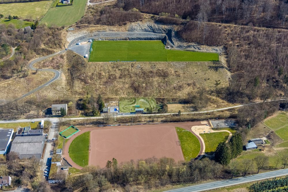 Bestwig from above - Ensemble of sports grounds TURN- UND SPORTVEREIN Velmede-Bestwig 92/07 e.V. in Bestwig at Sauerland in the state North Rhine-Westphalia
