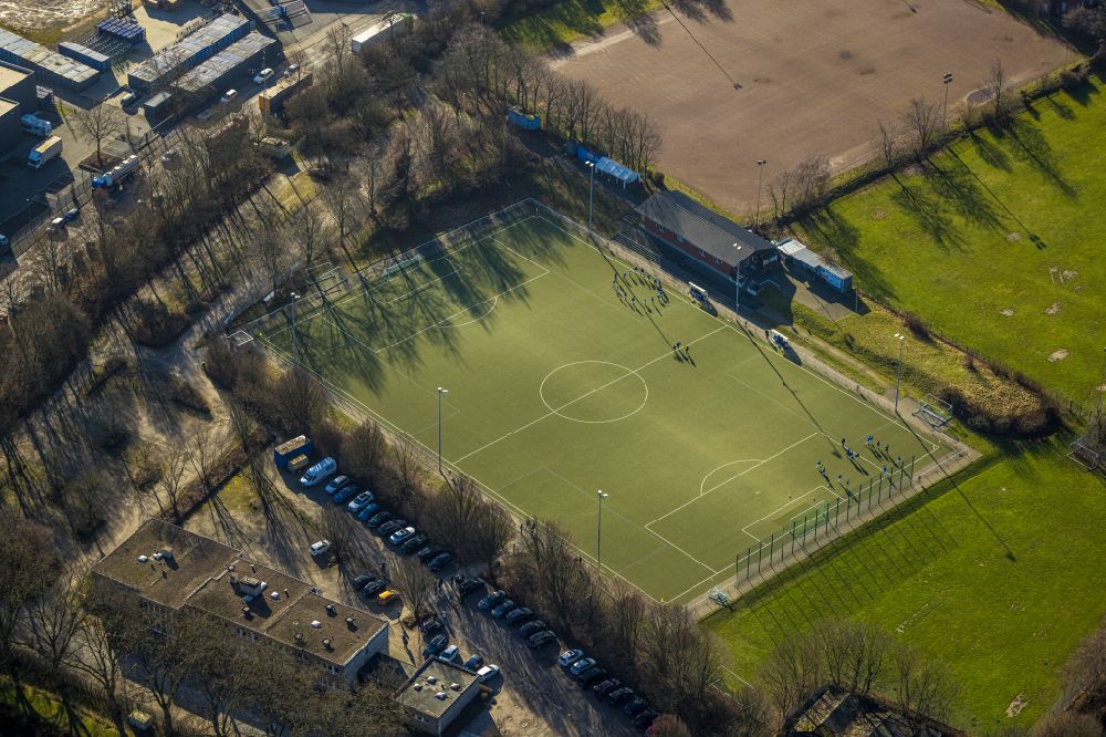 Witten from the bird's eye view: Ensemble of sports grounds of VfB Annen 19 e.V. on Westfalenstrasse in Witten in the state North Rhine-Westphalia, Germany