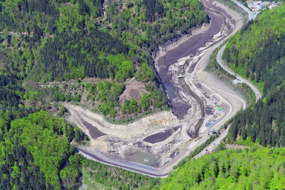Aerial image Wehr - Empty reservoir and shore areas for revision works at the lake Wehratal-Staubecken in Wehr in the state Baden-Wuerttemberg, Germany