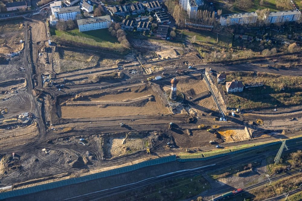 Duisburg from above - Development area and building land for the new construction of the Quartier am Wasserturm in the Wedau district in Duisburg in the Ruhr area in the state North Rhine-Westphalia, Germany
