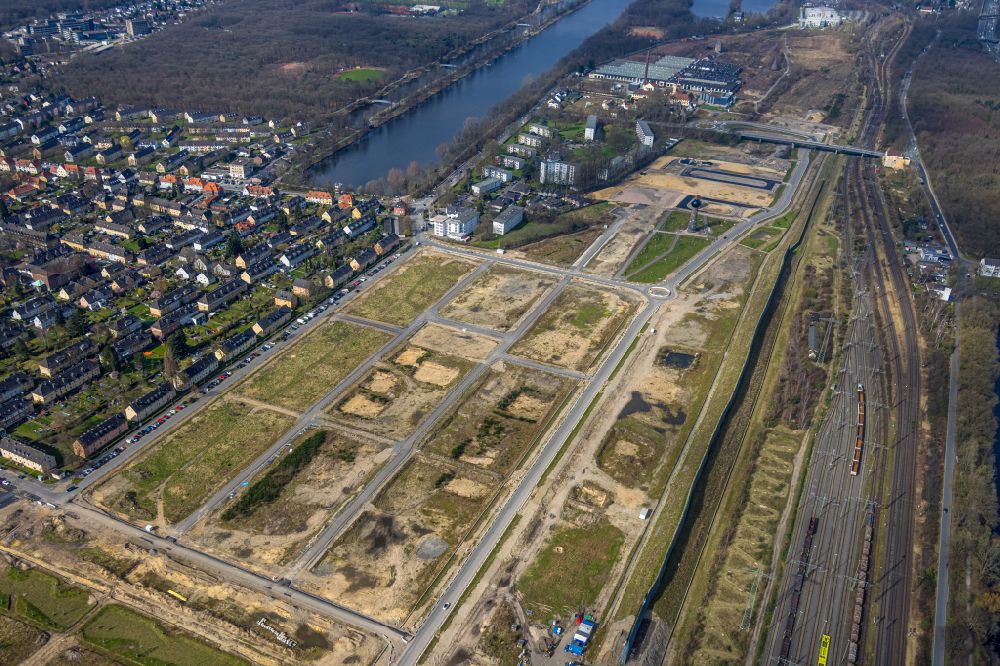 Duisburg from above - development area and building land for the new construction of the Quartier am Wasserturm in the Wedau district in Duisburg in the Ruhr area in the state North Rhine-Westphalia, Germany