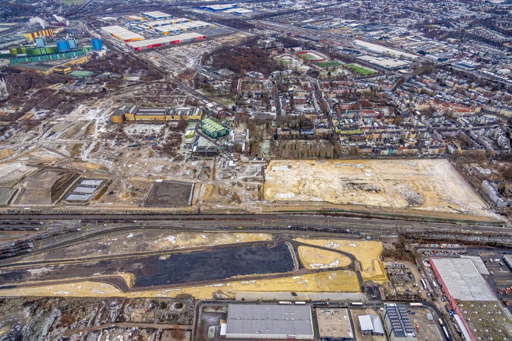 Dortmund from above - Development area of the industrial wasteland of Dortmund Logistik GmbH of the DSW21 group with railway depot Siemens Rail Service Center on the site of the former Westfalenhuette in Dortmund at Ruhrgebiet in the state of North Rhine-Westphalia