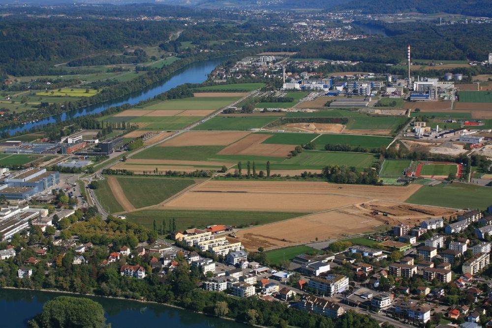 Sisseln from above - Developing field of the commercial area Sisslerfeld for a High-Tech-Center in life-sciences in Sisseln in the canton Aargau, Switzerland