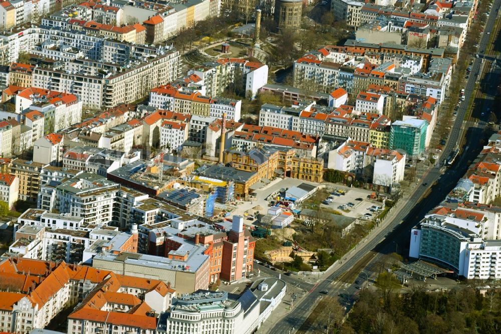 Aerial image Berlin - Development area of a??a??the industrial wasteland Boetzow Brewery for conversion and new construction with apartments, offices, hotel, swimming pool, art house and shops on Prenzlauer Allee in the Prenzlauer Berg district in Berlin, Germany