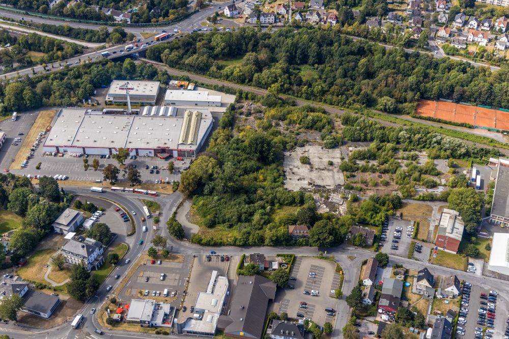 Aerial image Menden (Sauerland) - Development area of industrial wasteland in Gewerbegebiet along the Karl-Benz-Strasse in Menden (Sauerland) in the state North Rhine-Westphalia, Germany