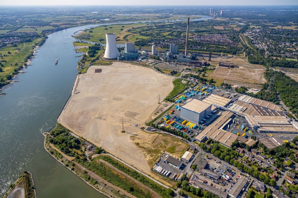Aerial image Duisburg - Development area of industrial wasteland Logport VI on shore of rhine river on destrict Walsum in Duisburg in the state North Rhine-Westphalia, Germany