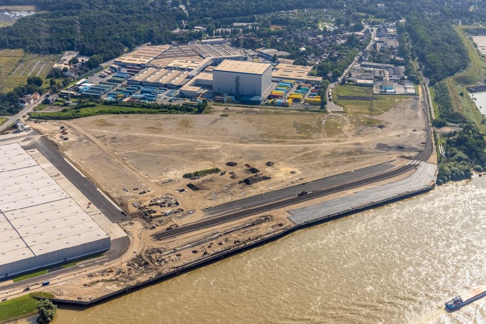 Duisburg from above - Development area of industrial wasteland Logport VI on shore of rhine river on destrict Walsum in Duisburg at Ruhrgebiet in the state North Rhine-Westphalia, Germany