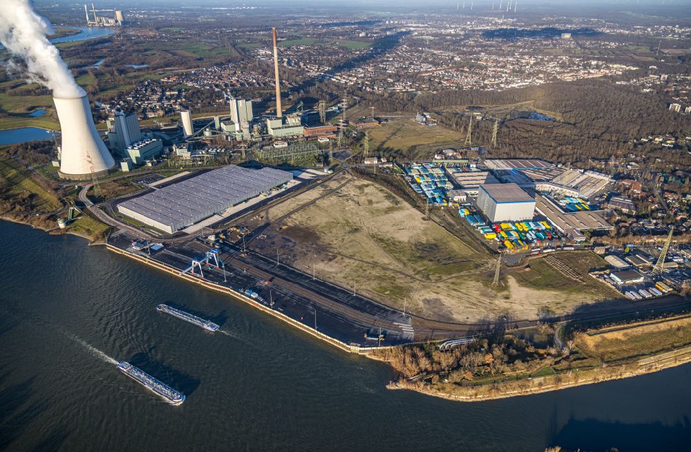 Aerial image Duisburg - Development area of industrial wasteland Logport VI on shore of rhine river on destrict Walsum in Duisburg at Ruhrgebiet in the state North Rhine-Westphalia, Germany