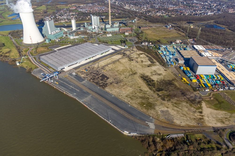 Aerial image Duisburg - Development area of industrial wasteland Logport VI on shore of rhine river on destrict Walsum in Duisburg in the state North Rhine-Westphalia, Germany