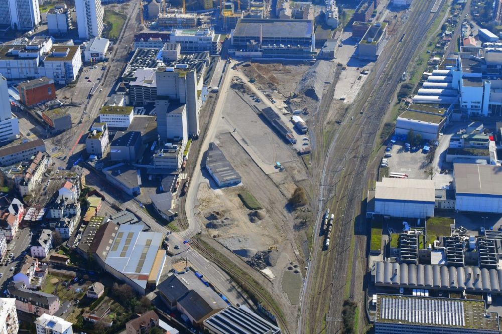 Aerial image Basel - Development area of industrial wasteland Lysbuechel Areal on Lysbuechelstrasse in the district Sankt Johann in Basel, Switzerland