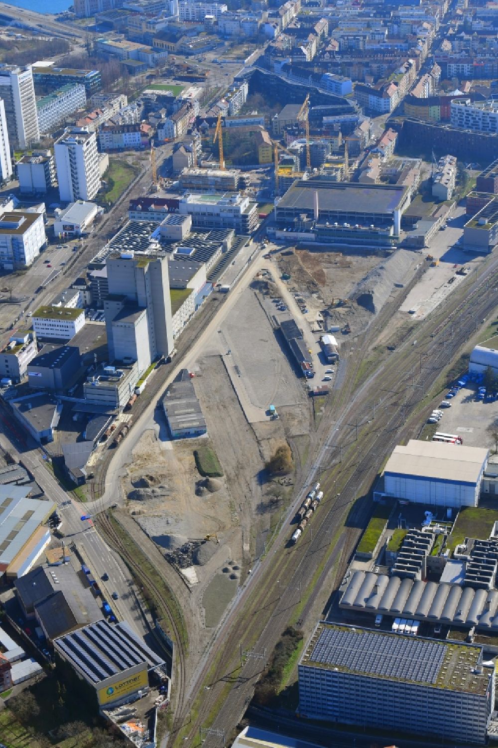 Aerial photograph Basel - Development area of industrial wasteland Lysbuechel Areal on Lysbuechelstrasse in the district Sankt Johann in Basel, Switzerland