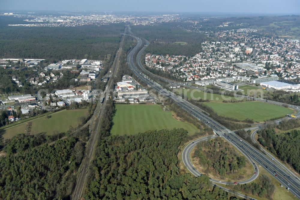 Darmstadt from the bird's eye view: Development area of industrial wasteland Pfungstadt road to the meadows along the BAB A5 motorway and the main road B462 in Darmstadt in Hesse