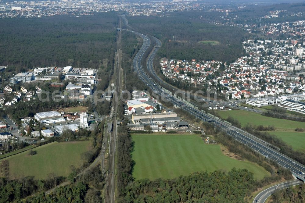 Aerial image Darmstadt - Development area of industrial wasteland Pfungstadt road to the meadows along the BAB A5 motorway and the main road B462 in Darmstadt in Hesse