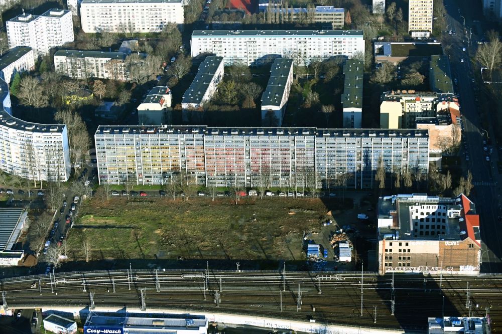 Aerial photograph Berlin - Development area and building land fallow Andreas-, Krautstrasse and Longe Strasse in the district Friedrichshain in Berlin, Germany