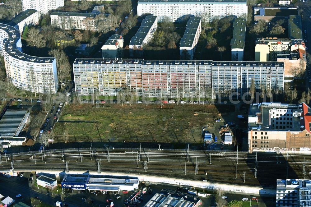 Berlin from above - Development area and building land fallow Andreas-, Krautstrasse and Longe Strasse in the district Friedrichshain in Berlin, Germany