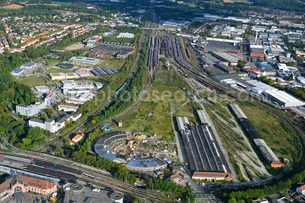 Osnabrück from above - Development area of the decommissioned and unused land and real estate on the former marshalling yard and railway station of Deutsche Bahn in Osnabrueck in the state Lower Saxony, Germany