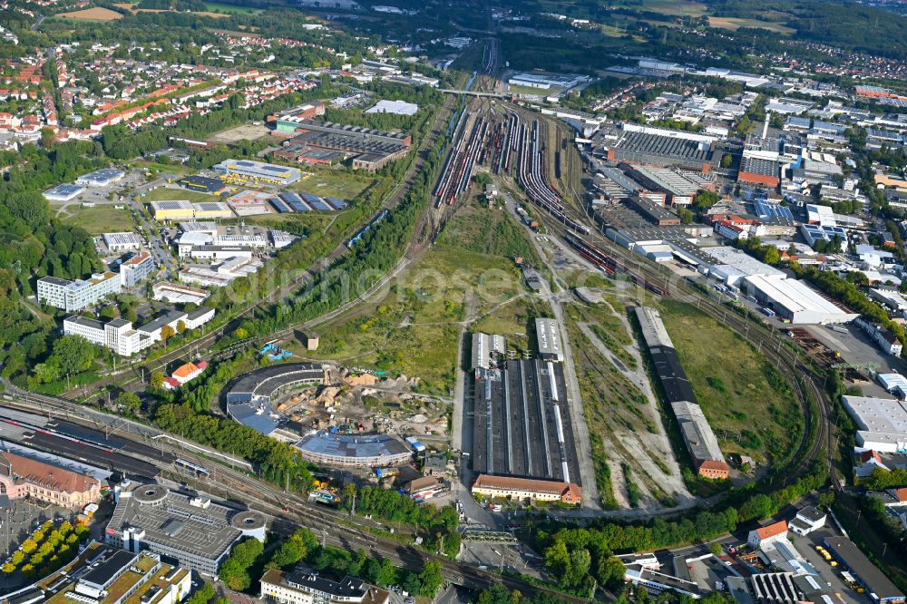 Osnabrück from the bird's eye view: Development area of the decommissioned and unused land and real estate on the former marshalling yard and railway station of Deutsche Bahn in Osnabrueck in the state Lower Saxony, Germany