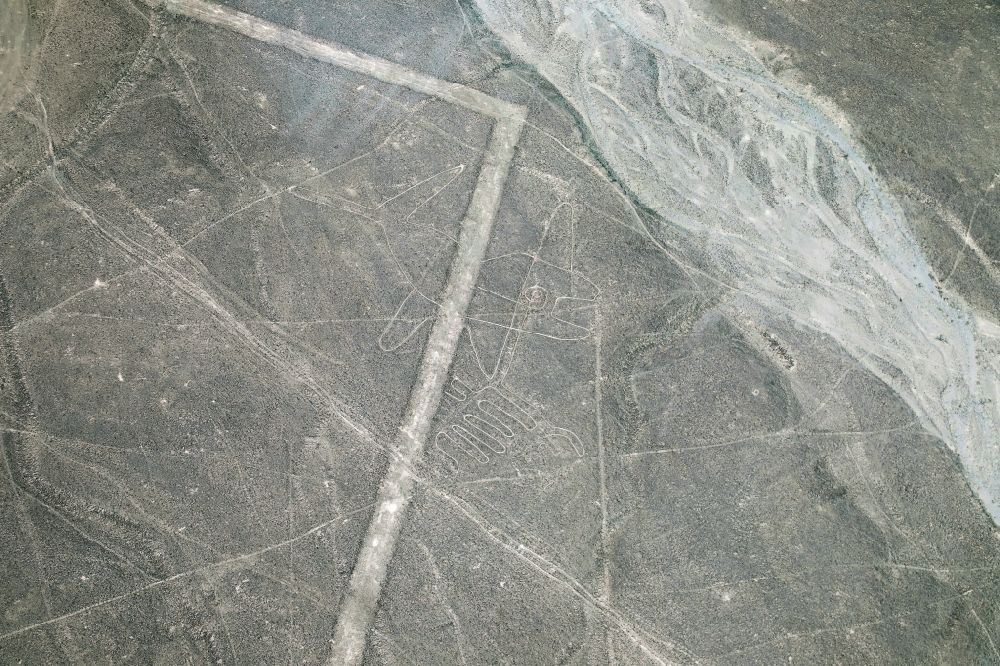 Nazca from the bird's eye view: Geoglyphic earth and soil drawing in the ofert in Nazca in Ica, Peru