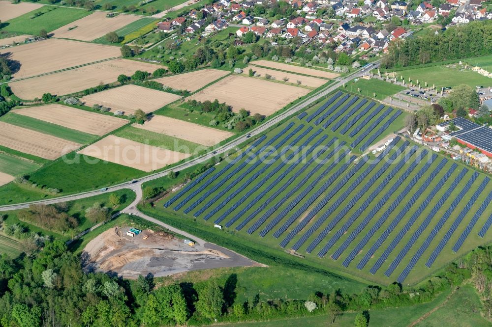 Kappel-Grafenhausen from the bird's eye view: Panel rows of photovoltaic and solar farm or solar power plant in Kappel-Grafenhausen in the state Baden-Wuerttemberg, Germany