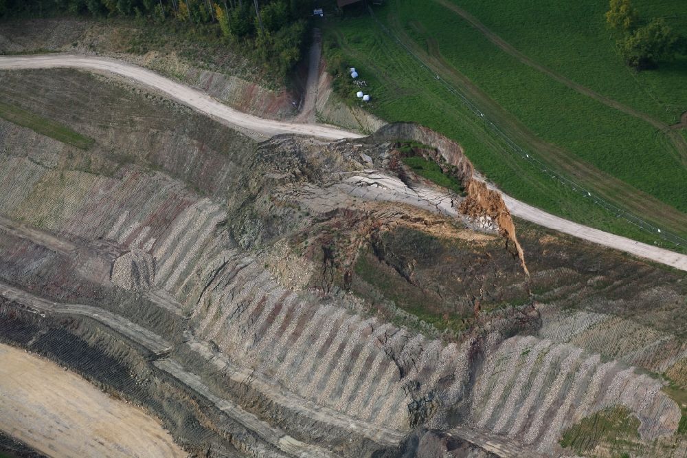 Aerial photograph Rheinfelden (Baden) - Rainfalls caused a landslide at the construction site with development works and embankments works at the motorway A98 in Rheinfelden (Baden) in the state Baden-Wuerttemberg, Germany
