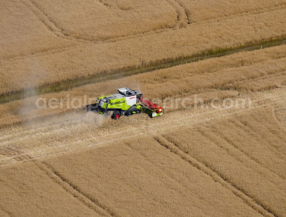 Aerial image Friedland - Harvest use of heavy agricultural machinery - combine harvesters and harvesting vehicles on agricultural fields in Friedland in the state Lower Saxony, Germany
