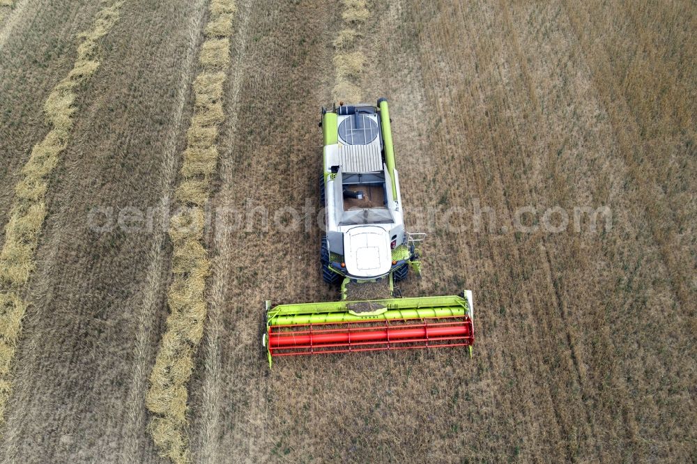 Aerial image Jahnsfelde - Harvest use of heavy agricultural machinery - combine harvesters and harvesting vehicles on agricultural fields in Jahnsfelde in the state Brandenburg, Germany