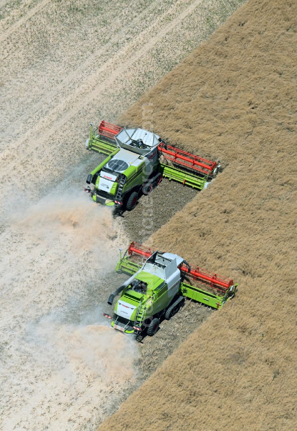 Niedergrunstedt from the bird's eye view: Harvest use of heavy agricultural machinery - combine harvesters and harvesting vehicles on agricultural fields in Niedergrunstedt in the state Thuringia, Germany