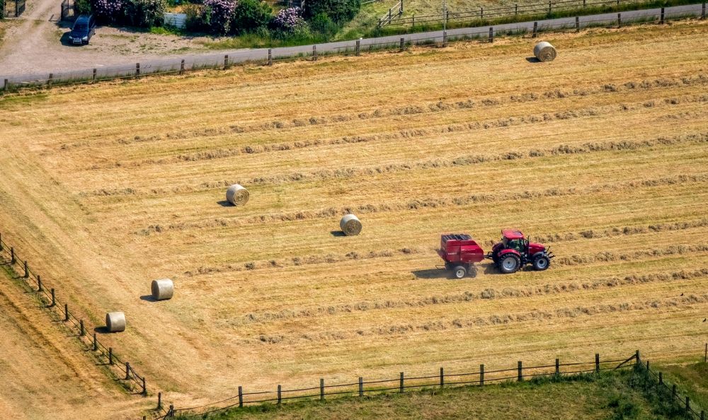 Rayen from above - Harvest use of heavy agricultural machinery - combine harvesters and harvesting vehicles on agricultural fields in Rayen in the state North Rhine-Westphalia, Germany